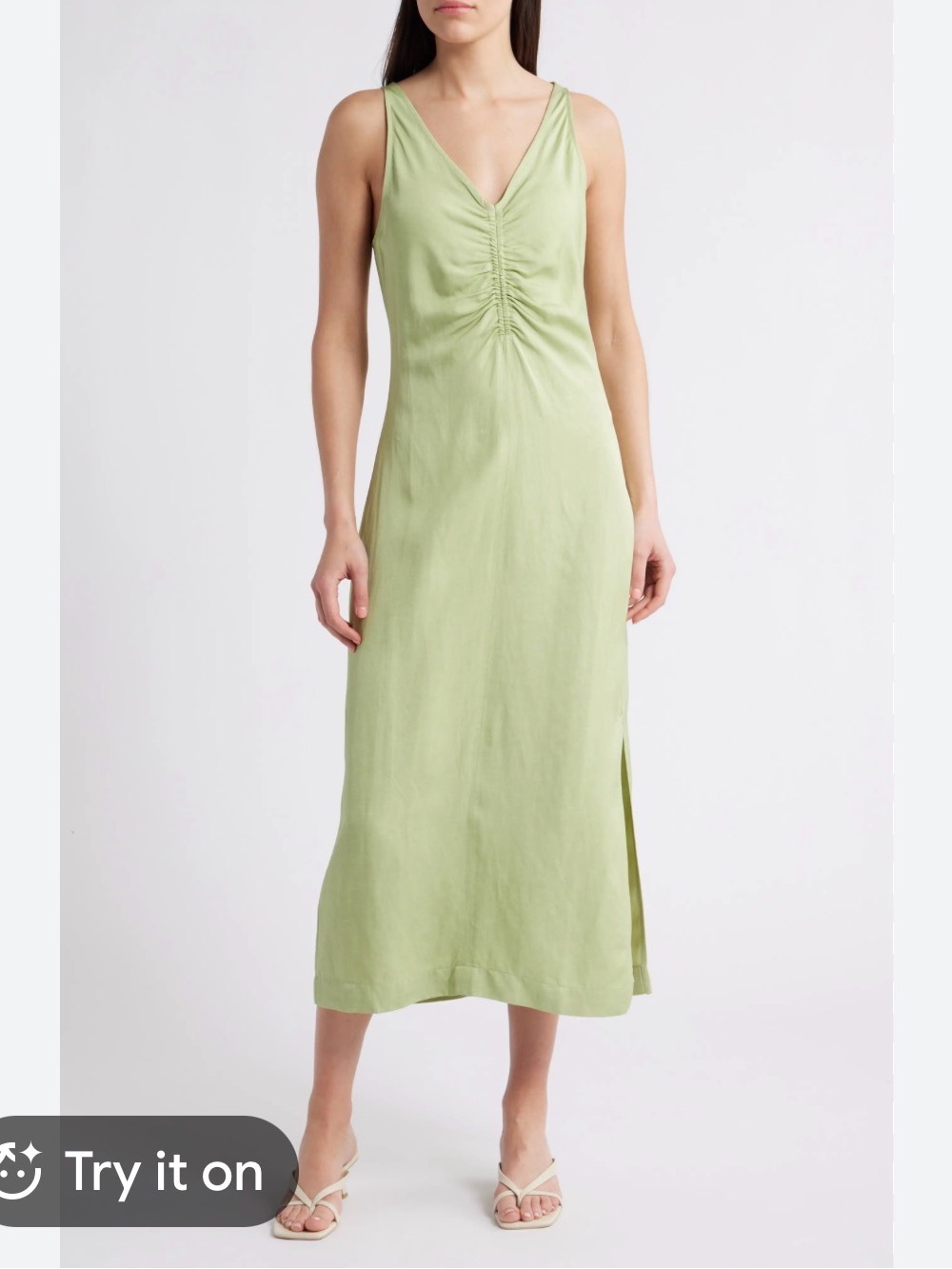 Reiss Sage Green Ruched V-Neck Midi Dress